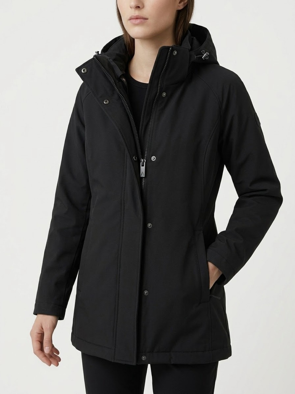 Borealis Nicola Hooded Softshell Jacket Coat Black L/G | Drawstring, Snap Flap